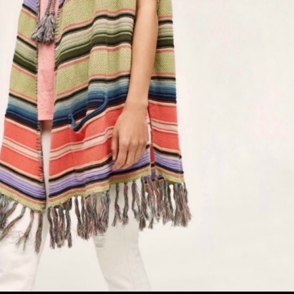 Anthropologie Moth Calexico Multicolor Stripe Knit Hooded Fringe Poncho Small - Picture 7 of 13